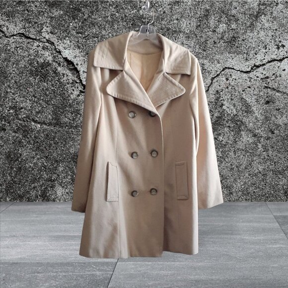 Vintage Mid Century Double Breasted Coat Beige Pea Coat Style USA Union Made  L - Picture 1 of 12